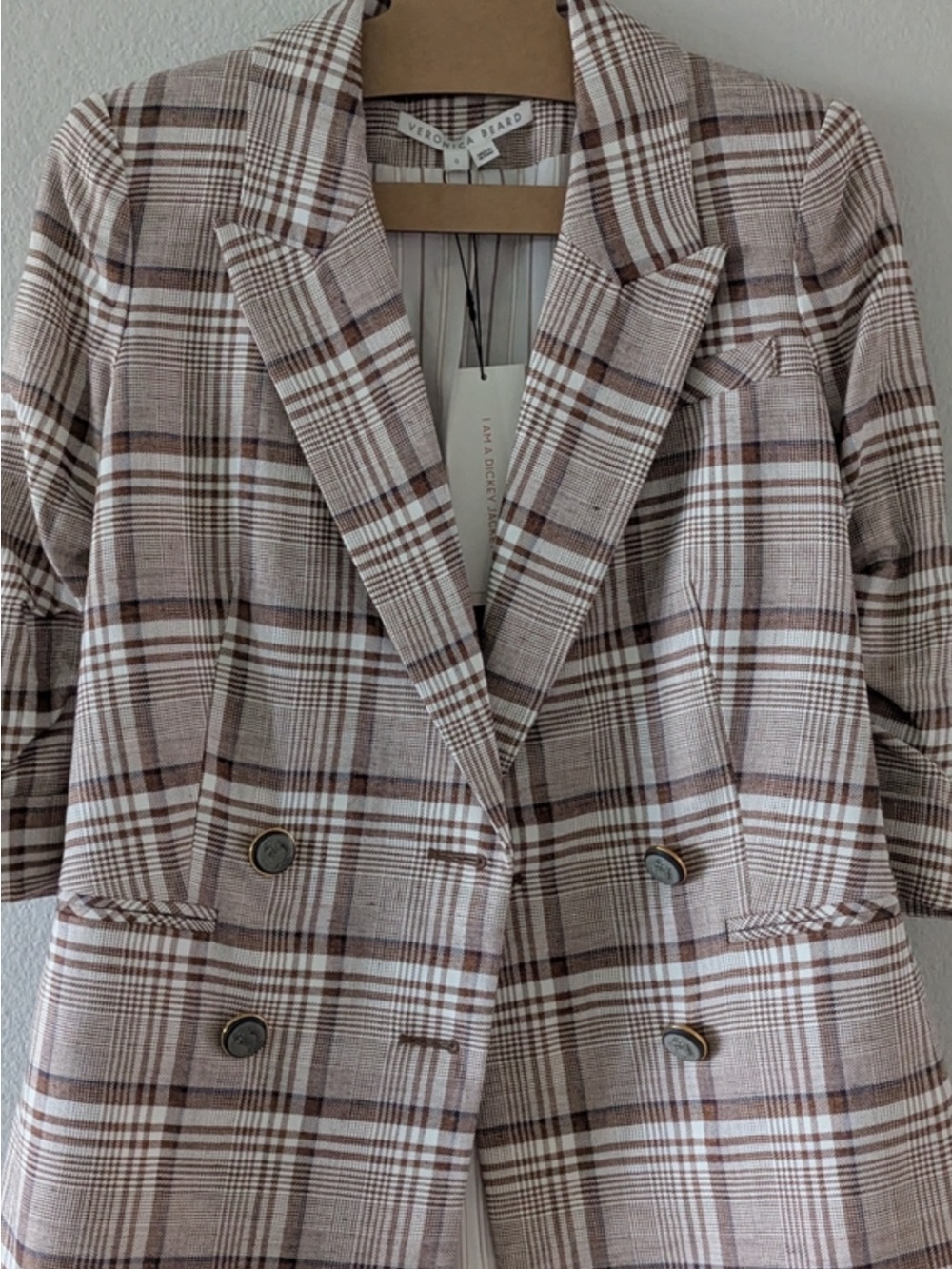 Veronica Beard Plaid Double-Breasted Blazer in Brown and Cream
